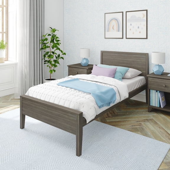Max & Lily Twin Bed Frame, Solid Wood Classic Platform Bed with Panel Headboard for Kids