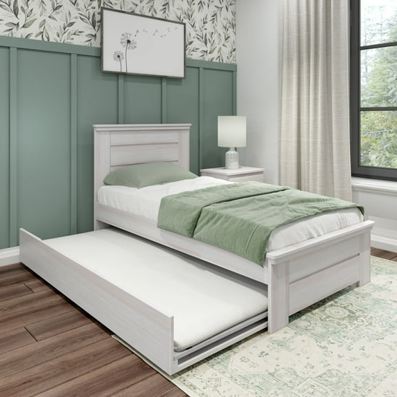 Max & Lily Twin Bed Frame with Plank Headboard and Trundle, Solid Wood Platform Bed, White Wash