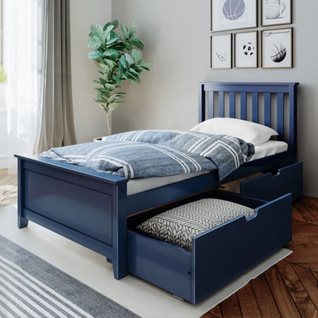 Max & Lily Twin Bed Frame with Storage Drawer, Solid Wood Platform Bed for Kids, Blue