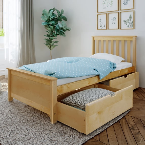 Max & Lily Twin Bed Frame with Storage Drawer, Solid Wood Platform Bed for Kids, Natural