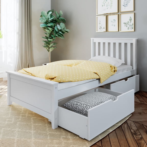 Max & Lily Twin Bed Frame with Storage Drawer, Solid Wood Platform Bed for Kids, White