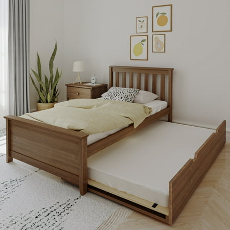 Max & Lily Twin Bed Frame with Trundle, Classic Solid Wood Platform Bed with Storage