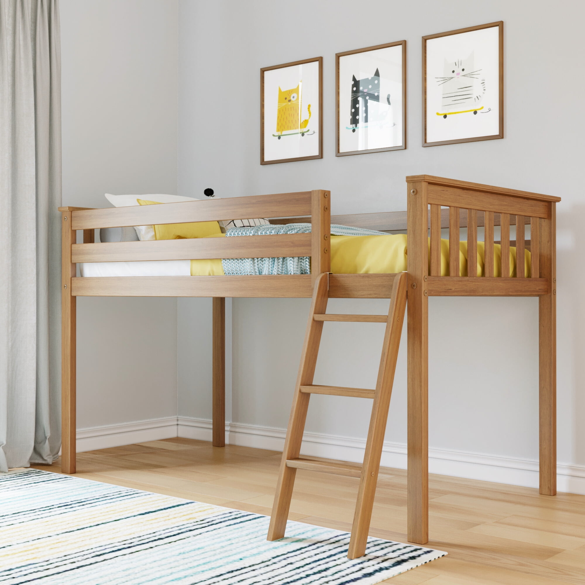 Pecan Twin Loft Bed with Ladder and Bookcase