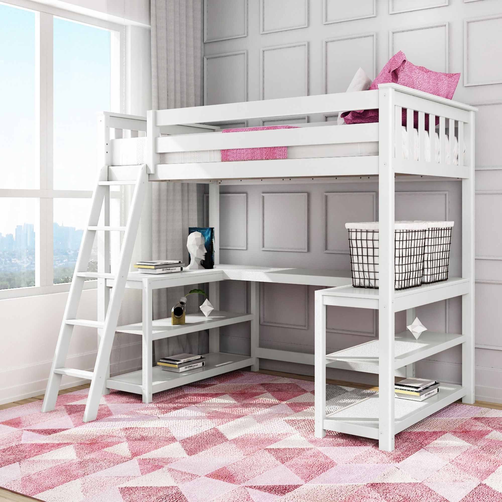 Max & Lily Twin Loft Bed, Wooden Loft Bed with Desk and Storage Shelves