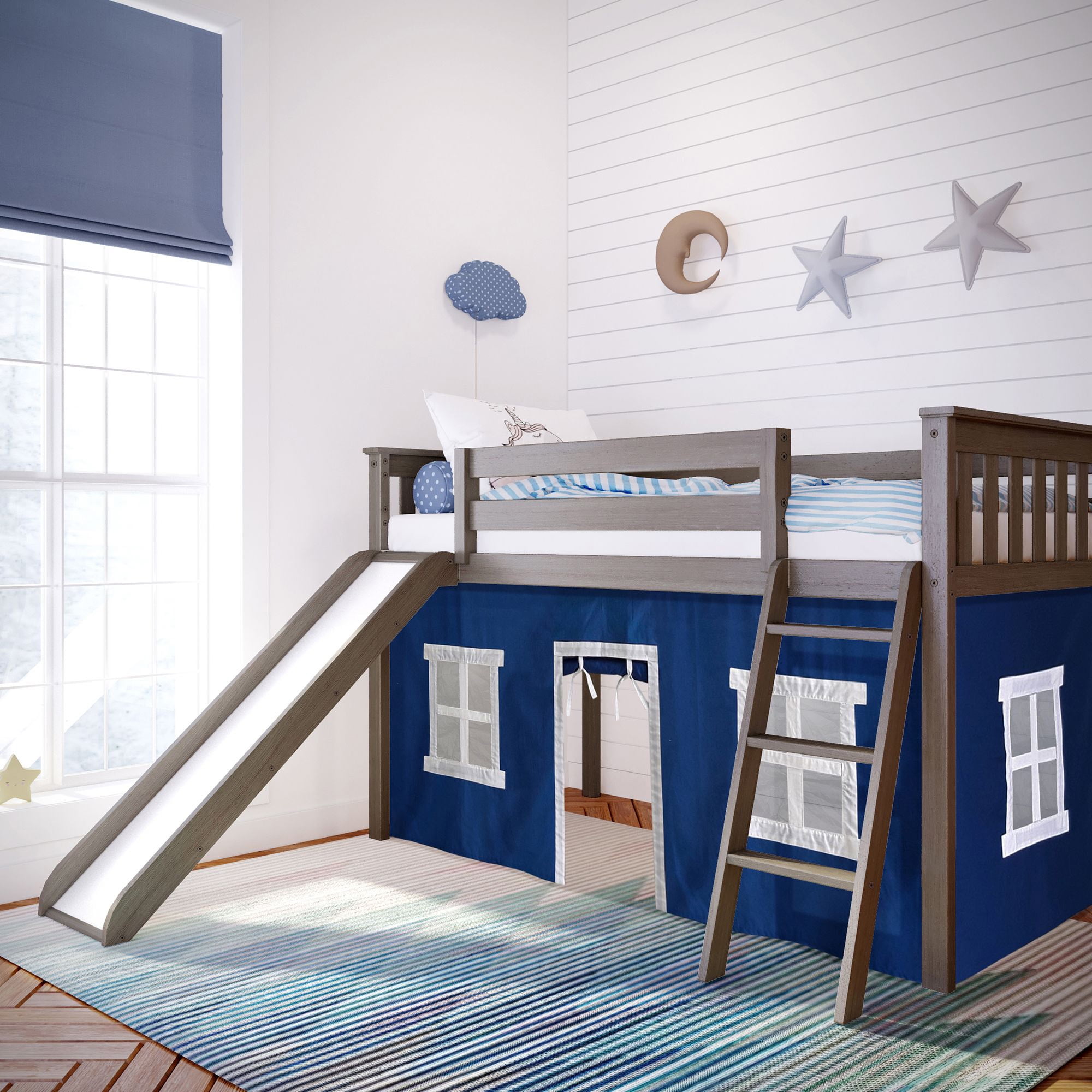 Max & Lily Twin Loft Bed, Wooden Low loft Bunk beds for Kids with Slide