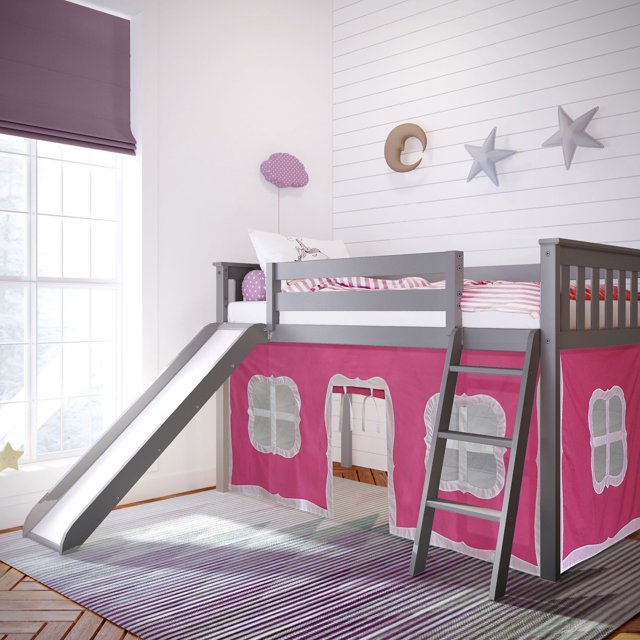 Max & Lily Twin Loft Bed, Wooden Low loft Bunk beds for Kids with Slide
