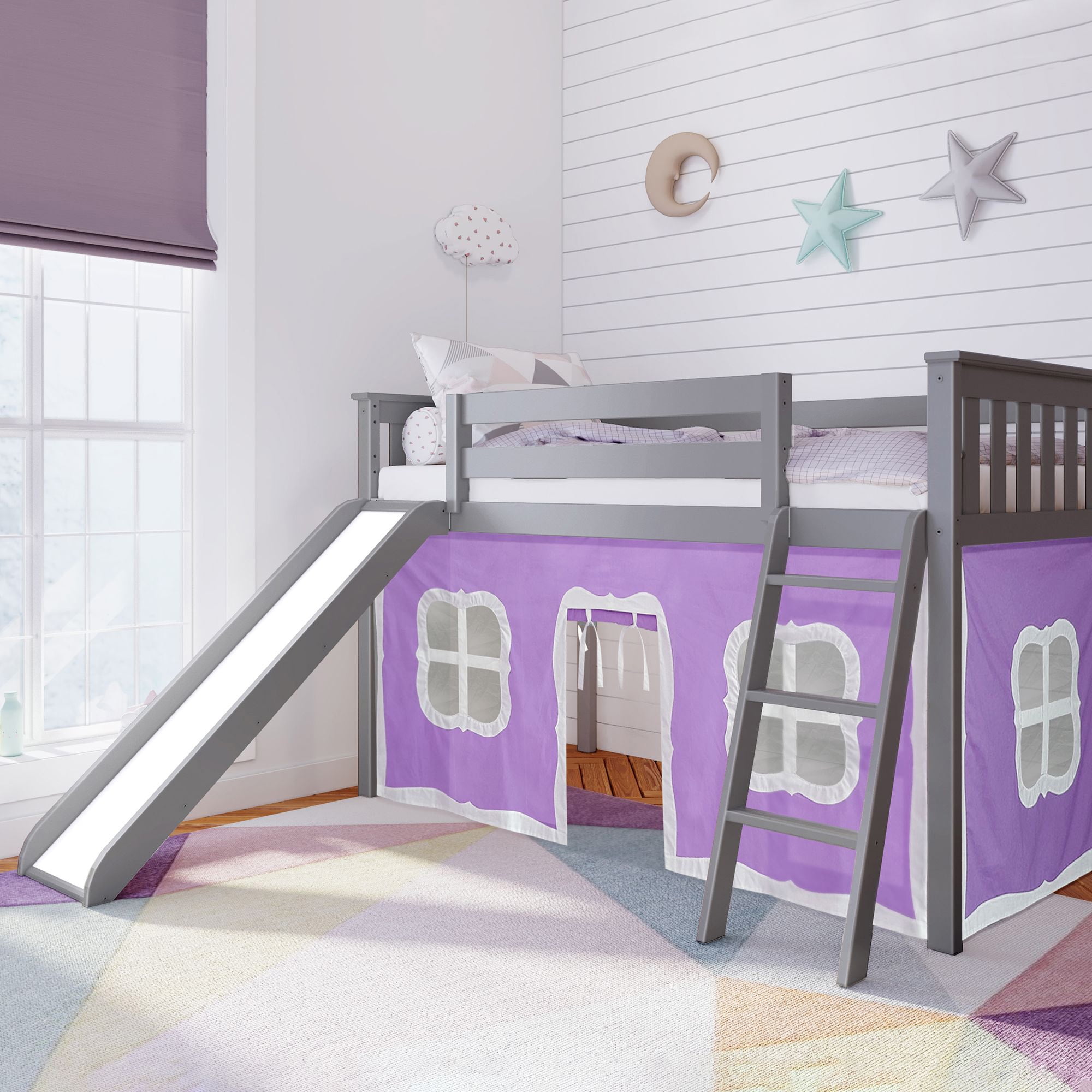Max & Lily Twin Loft Bed, Wooden Low loft Bunk beds for Kids with Slide