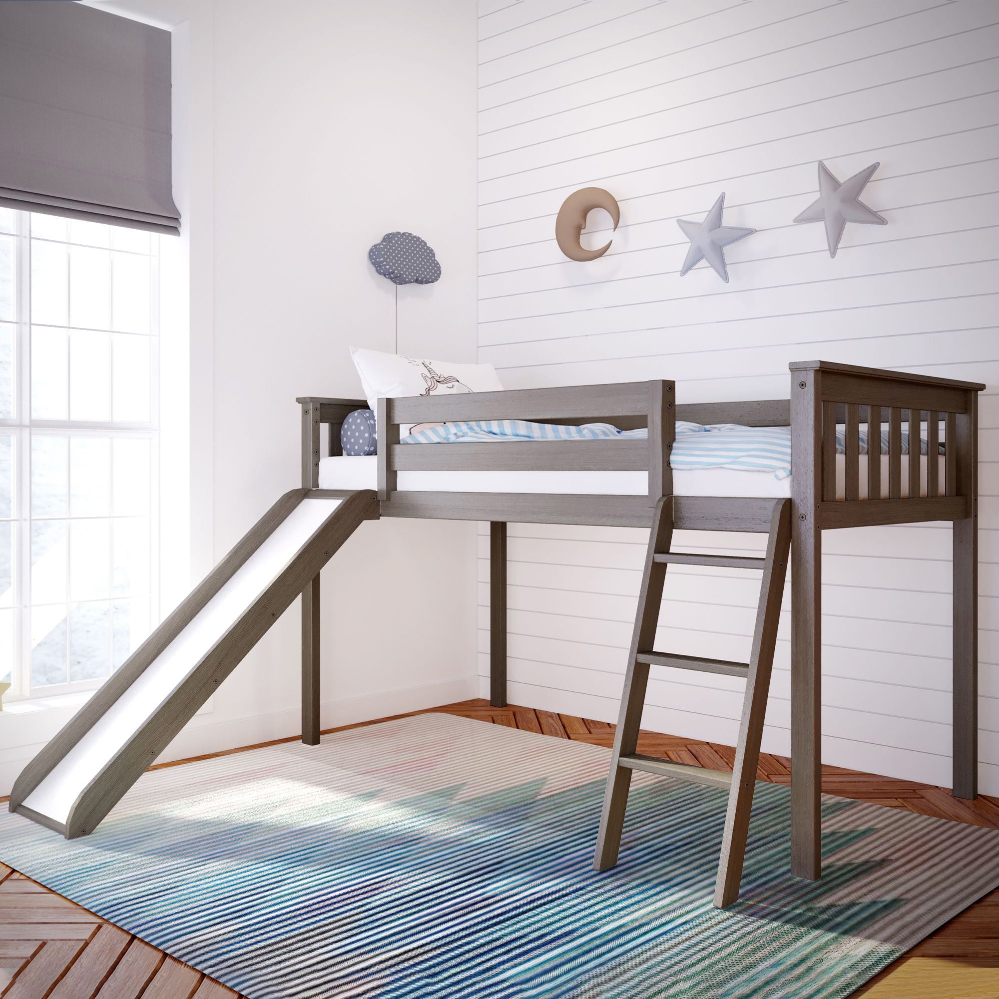 Max & Lily Twin Loft Bed with Slide, Solid Wood Loft Beds with Ladder