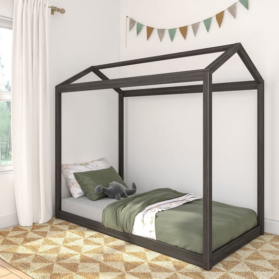 Max & Lily Twin Size Solid Wood House Bed Frame with Roof for Kids Bedroom Furniture, Clay