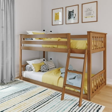 Max & Lily Twin over Twin Bunk Bed for Kids, Solid Wood Low Bunk Beds with Ladder, Pecan