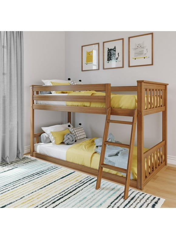 Max & Lily Twin over Twin Bunk Bed for Kids, Solid Wood Low Bunk Beds with Ladder for Small Room, Pecan