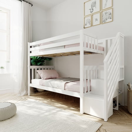 Max & Lily Twin over Twin Bunk Bed for Kids, Solid Wood Bunk Beds with Stairs and Storage, White