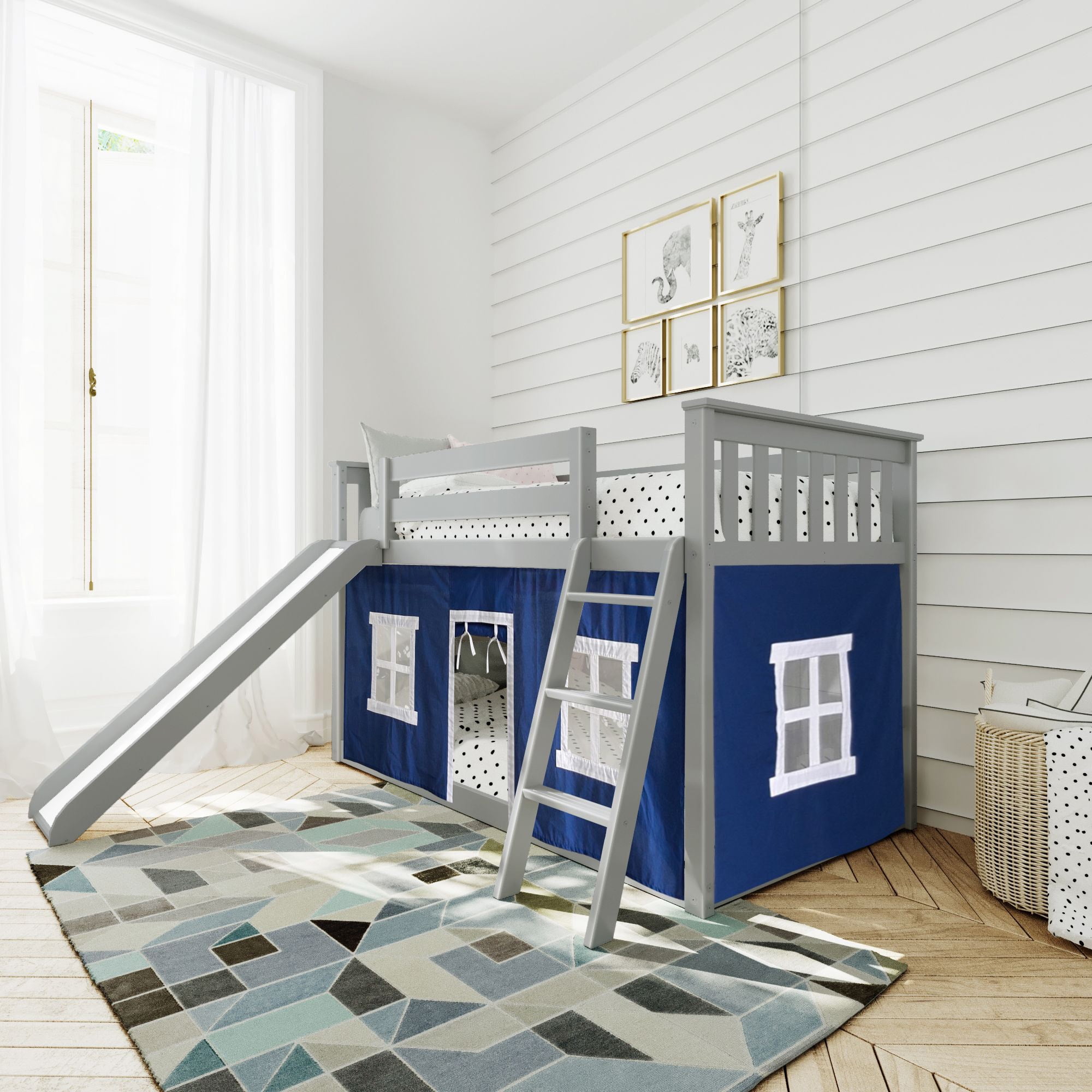 Max & Lily Twin over Twin Low Bunk Bed with Slide and Blue Curtain for