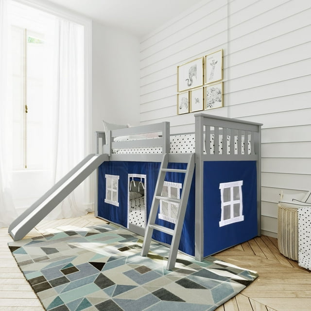 Max & Lily Twin over Twin Low Bunk Bed with Slide and Blue Curtain for