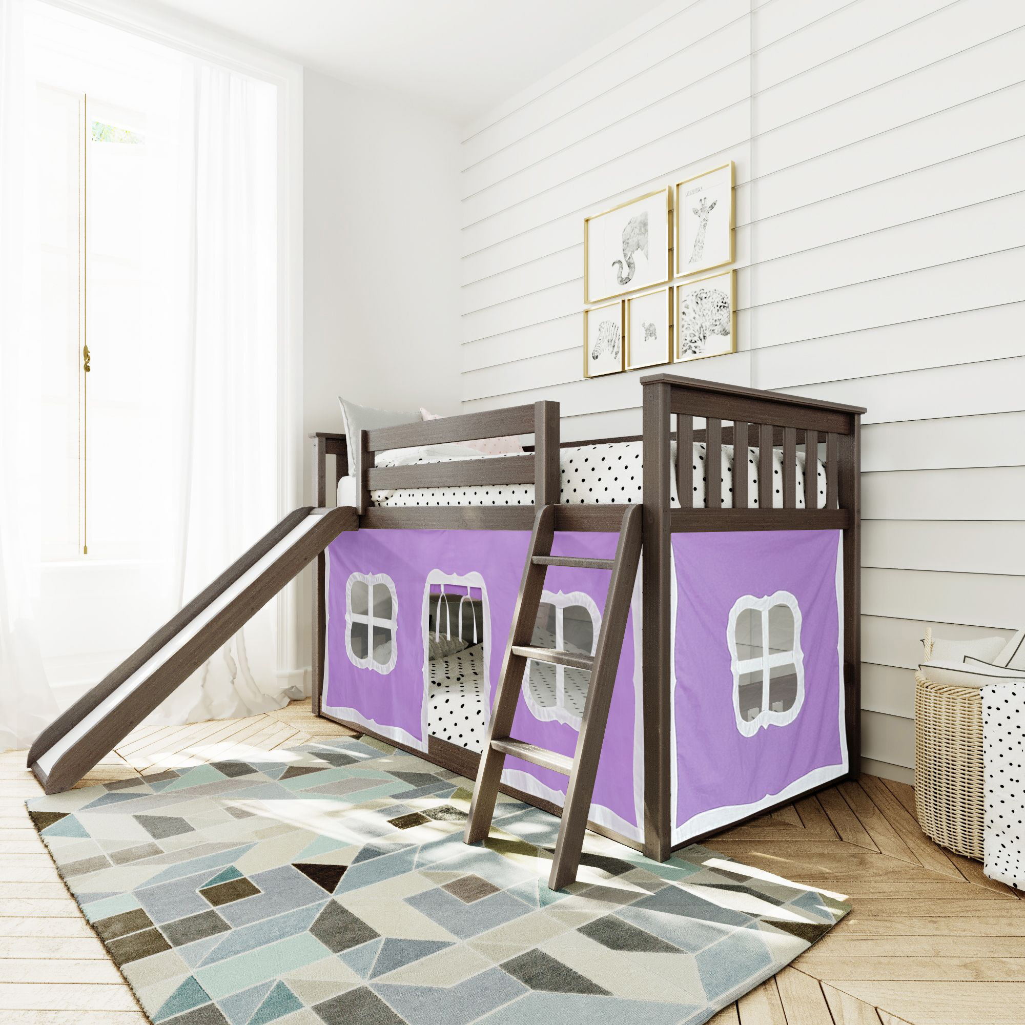 Max & Lily Twin over Twin Low Bunk Bed with Slide and Purple Curtain