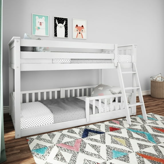 Twin Over Twin Low Bunk With Three Guard Rails, White