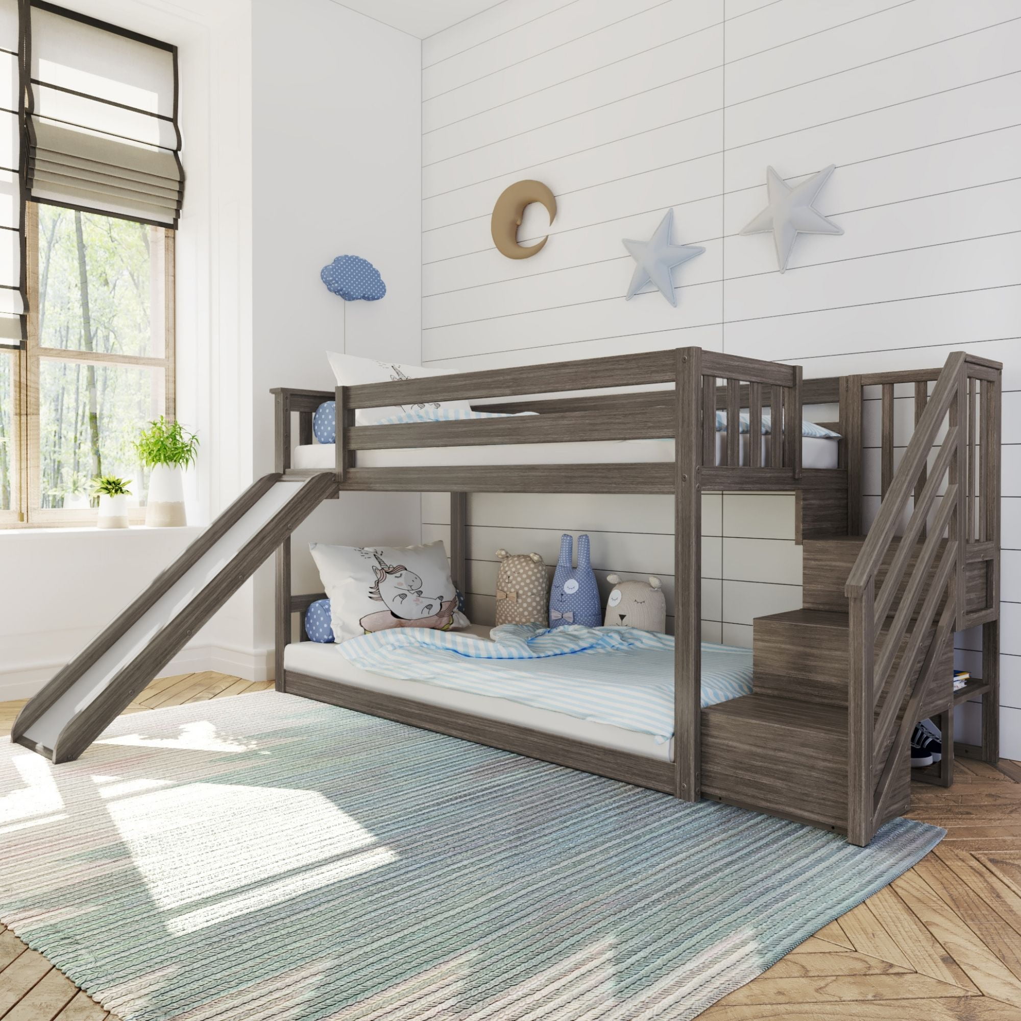 Max & Lily Wood Twin over Twin Bunk Bed for Kids with Wooden Staircase