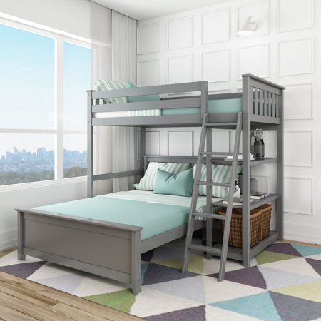 Max & Lily Solid wood L-Shaped Bunk Bed, Twin over Full with Bookcase for Kids, Grey