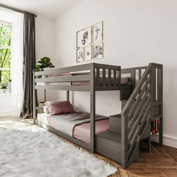 Max & Lily Wooden Twin over Twin Low Bunk Bed for Kids with Staircase