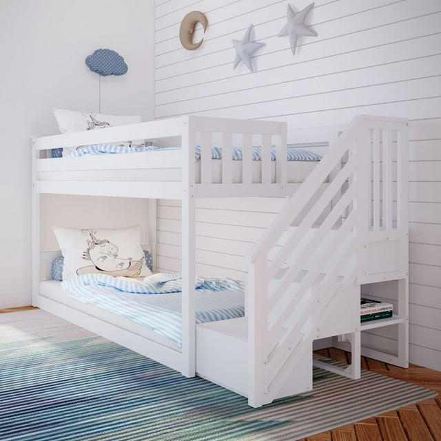 Max & Lily Wooden Twin over Twin Low Bunk Bed for Kids with Staircase