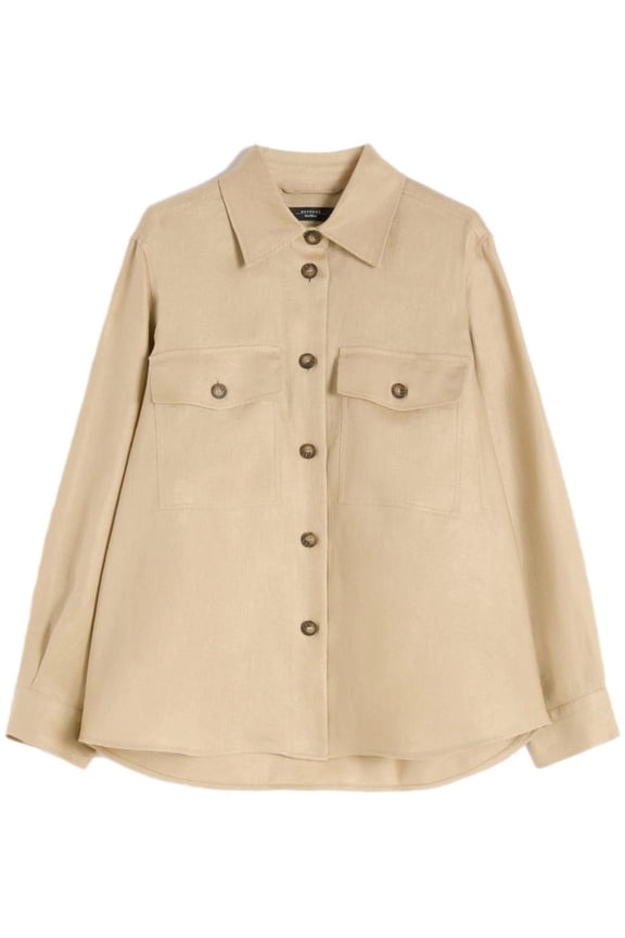 Beige Button-Up Shirt Jacket With Classic Collar (Women's)