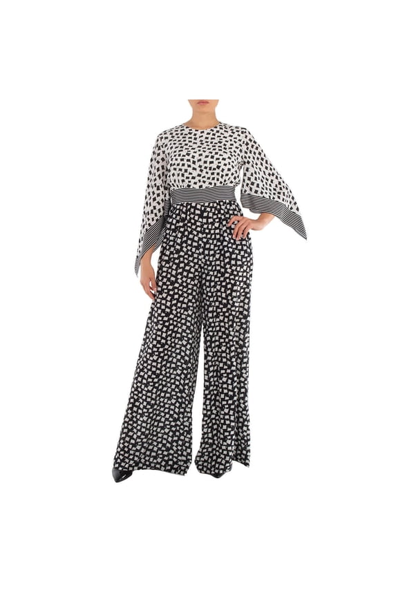 Ladies White Black Origano Printed Silk Jumpsuit, Brand Size 34 (US Size 0)