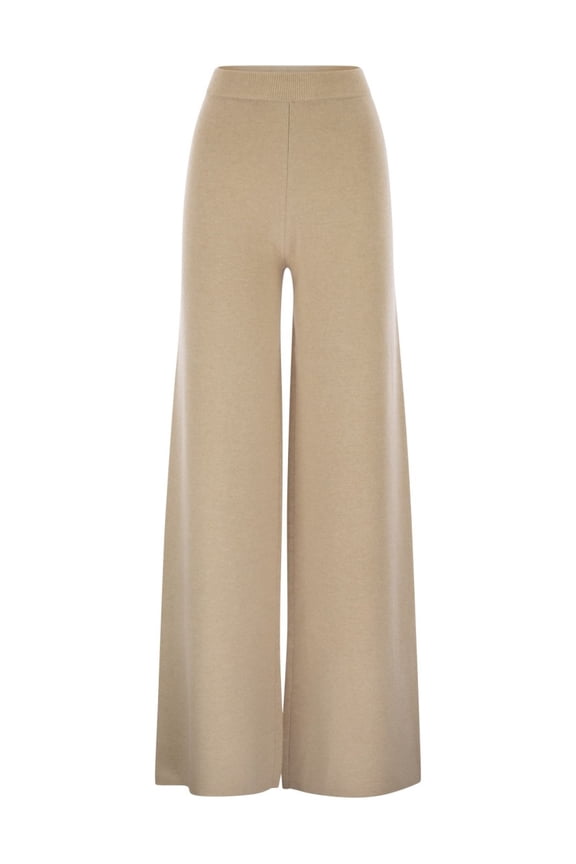 Wide-Leg Beige Knit Pants With Ribbed Finishes (Women's)