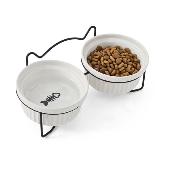Max & Marlow Ceramic Cat Bowls with Iron Stand, Double Cat Food and Water Bowls Set, Single 300ml