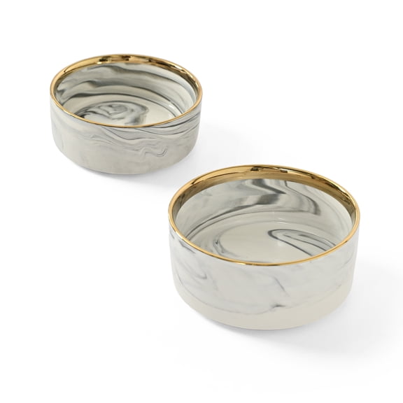 Max & Marlow Ceramic Dog Bowls Set of 2 with Gold Rim, Non-Slip Pet Food & Water Bowls for Small to Medium Dogs, 400ML & 850ML Capacity