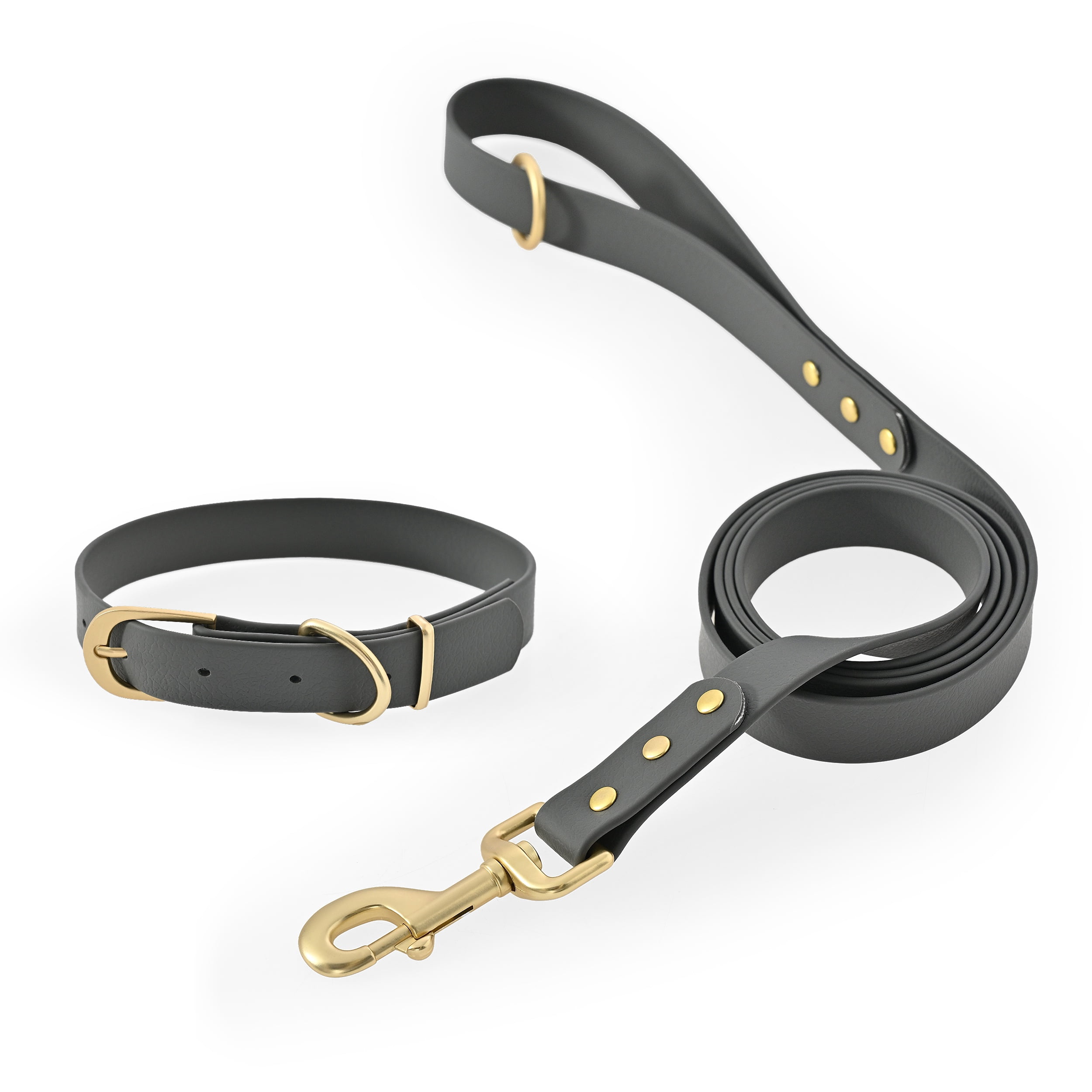 Max & Marlow Waterproof TPU Coated Dog Collar and 5 ft Leash Set, Gray, Medium