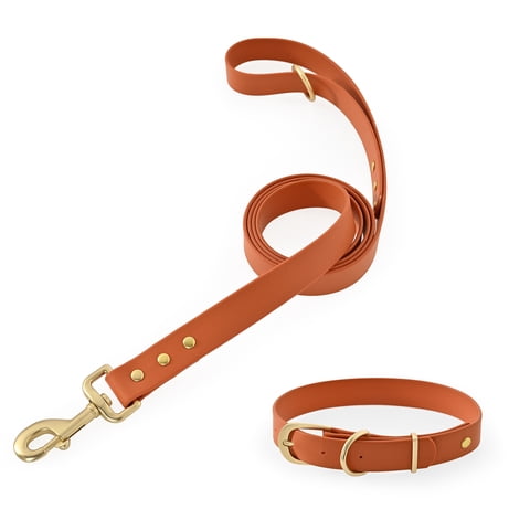 Max & Marlow Waterproof TPU Coated Dog Collar and 5 ft Leash Set, Orange, Small