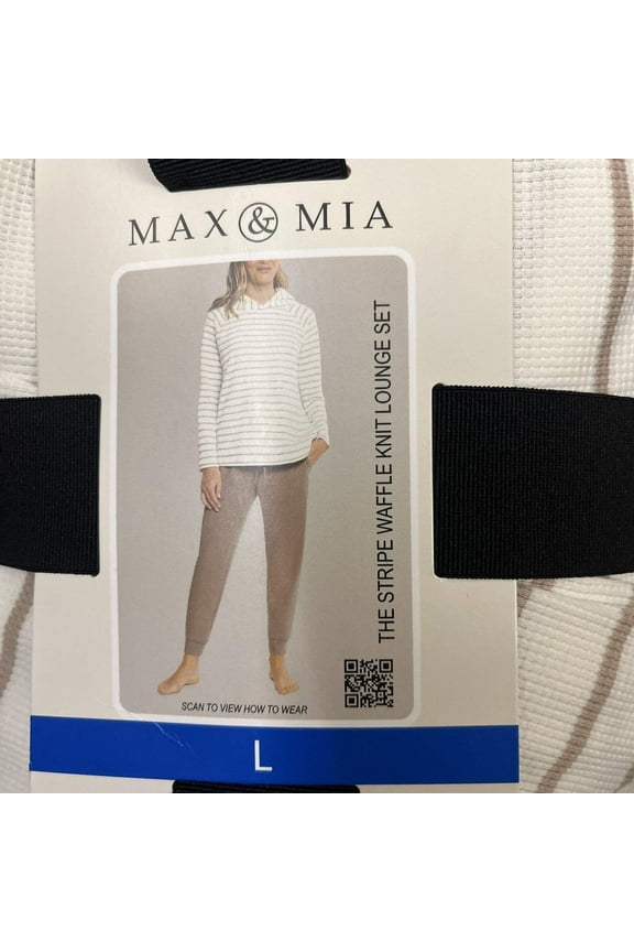 Max Mia Women's 2 Piece Stripe Waffle Knit Lounge Set, Hoodie and Jogger Toast 1815615