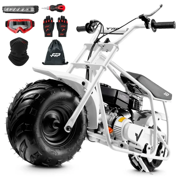 Max Package 99cc Gas 4-Stroke Mini Bike for Teens 13+, Pull Start, Rear Disc Brake, All-Terrain Tires, Up to 28 MPH, 220 lb Capacity, Includes Gloves & Headlight & Taillight