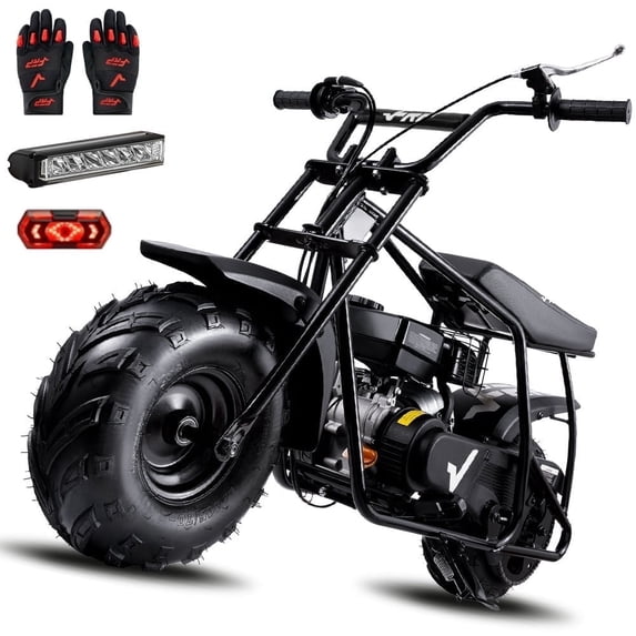 Max Package 99cc Gas 4-Stroke Mini Bike for Teens 13+, Pull Start, Rear Disc Brake, All-Terrain Tires, Up to 28 MPH, 220 lb Capacity, Includes Gloves & Headlight & Taillight