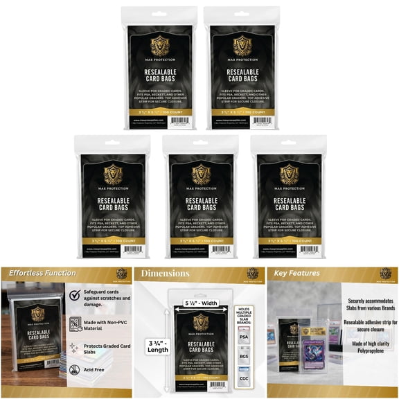 Max Protection 500ct Clear Graded Card Sleeves - Resealable Polypropylene Slab Sleeves for PSA SGC BGS CGC - 3.75 x 5.5 Inches