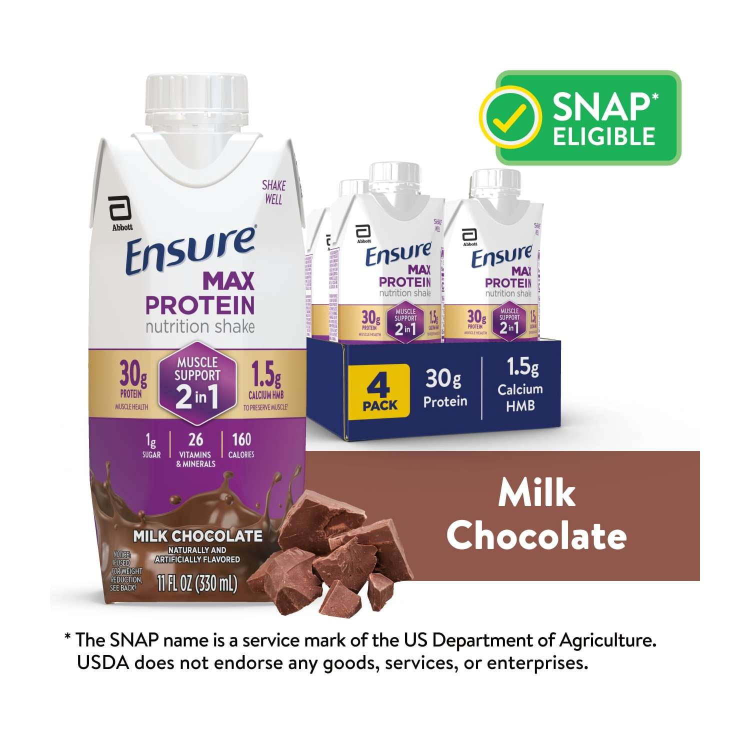 Ensure Max Protein Shake, 2-in-1 Muscle Support, 30g Protein, Milk Chocolate, 11 fl oz, 4 Pack