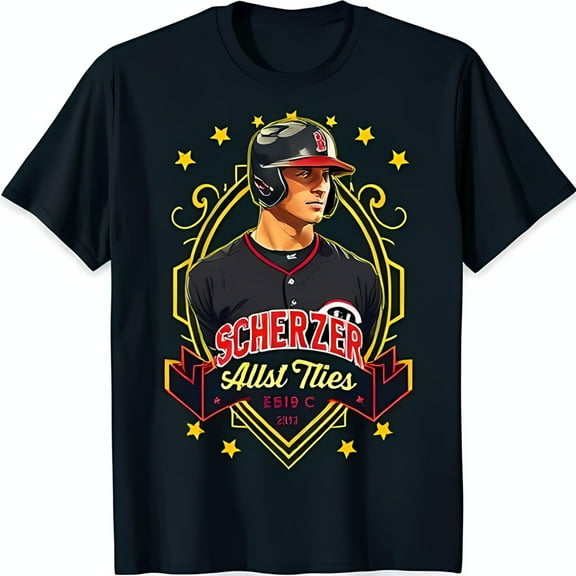 Max Scherzer Cartoon Graphic Black T-Shirt Bold 'Scherzer' Design & Player Number