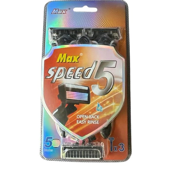 Max Speed 5 Stainless Steel Razors Blades, A Series for Men Shaving, with Lubricated Strip and Ergonimic Handle for Superior Handling Control, 3 Pack.
