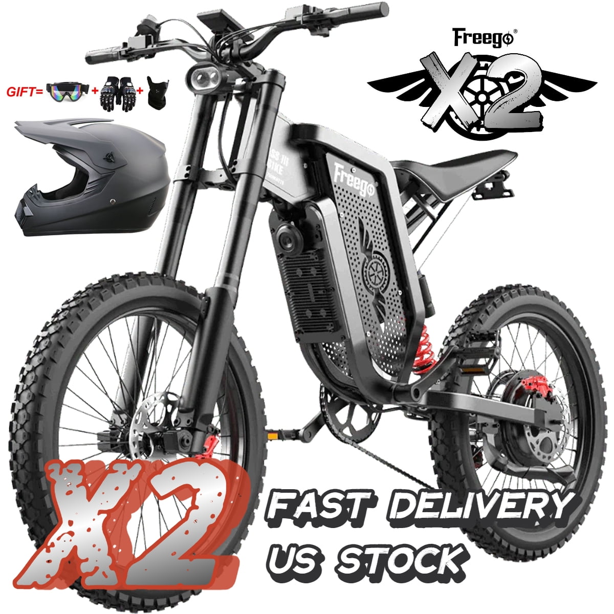 Max Speed 50MPH 19x2.75'' Tire,6000W(Peak) Motor Freego X2 Electric Mountain Bike ,7 Speed Electric Motorcycle for Adults,60V30AH Battery Electric Dirt Bike, Full Suspension Hydraulic Brake UL2849