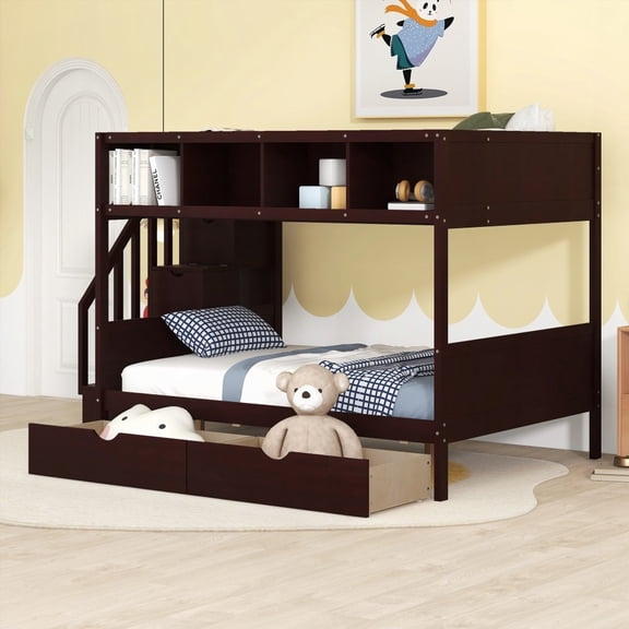 Max Storage Twin-Full Bunk Bed with Shelfs & Drawers, Espresso