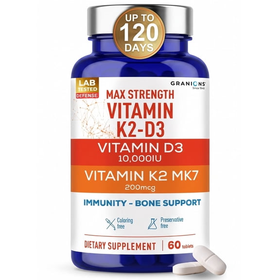 Max Strength D3 K2 Vitamin 10,000 IU MK7 Complex - Vitamin K2 D3 Supplement -Immune Support, Bone Health Supplements - 2 Month