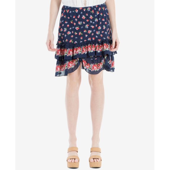 Max Studio London Cotton Floral Print Ruffled Skirt Navy L