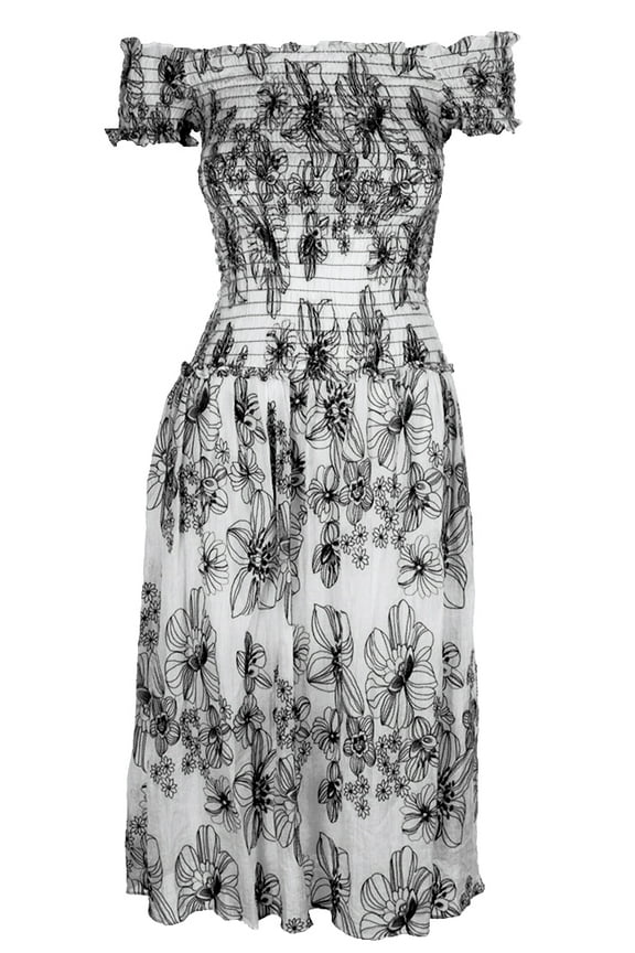 London Cream Black Off-The-Shoulder Smocked-Bodice Maxi Dress XS