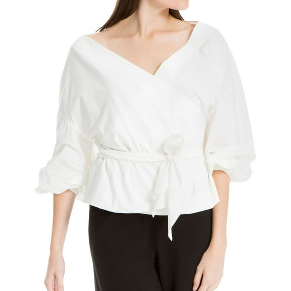 Max Studio London Womens Belted Wrap Blouse, White, Small