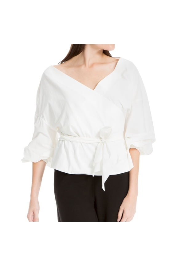 London Womens Belted Wrap Blouse, White, Small