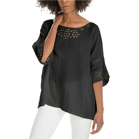 Max Studio London Womens Cotton Eyelet-Trim Knit Blouse, Black, Medium