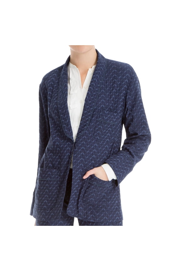 London Womens Jacquard One Button Blazer Jacket, Blue, Medium