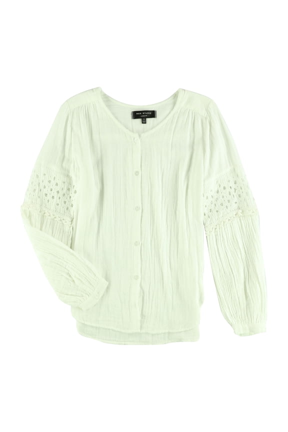 London Womens Lace Sleeve Button Down Blouse, Off-White, Small