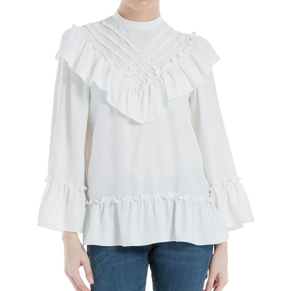 Max Studio London Womens Lattice Ruffled Blouse, Off-White, Medium