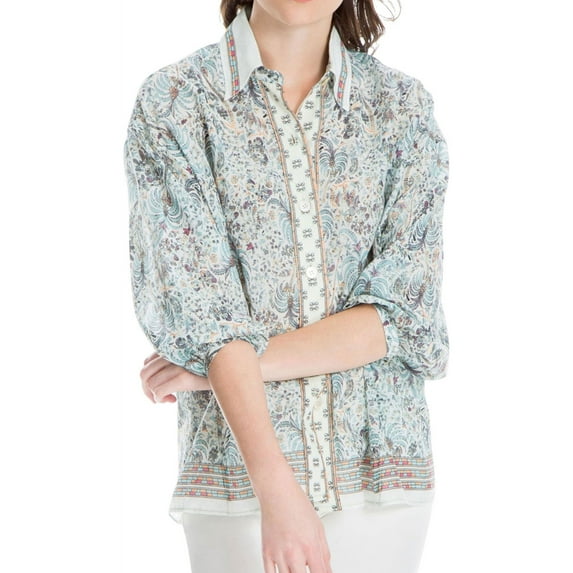 Max Studio London Womens Patterned Button Down Blouse, Multicoloured, X-Small